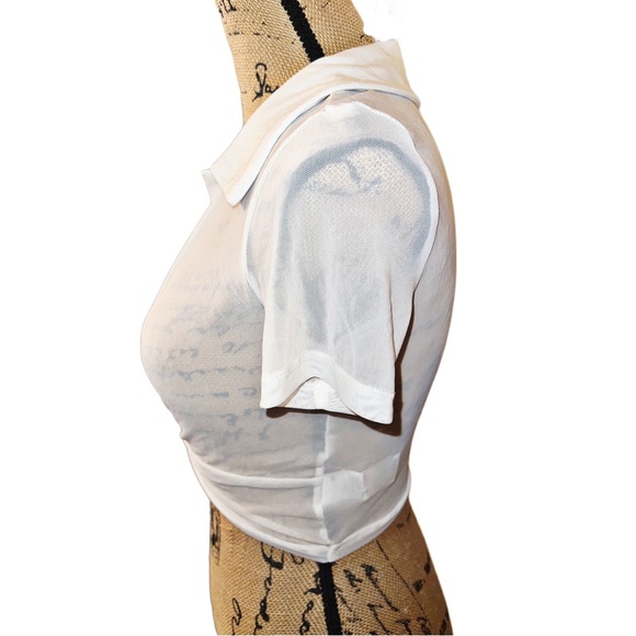 White Sheer Tie Front Deep V Collared Crop Top - Picture 4 of 5